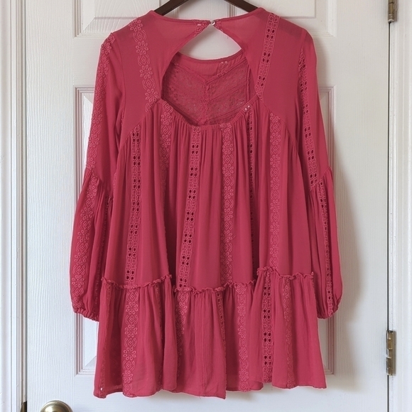 Free People Sweetest Dream Embroidered Long Puff Sleeve Tiered Tunic Top Pink XS - Picture 11 of 16